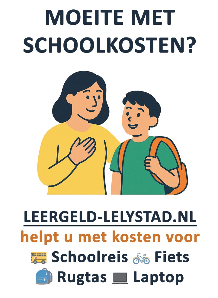 Billboard van Stichting Leergeld Lelystad met de vraag: moeite met schoolkosten?